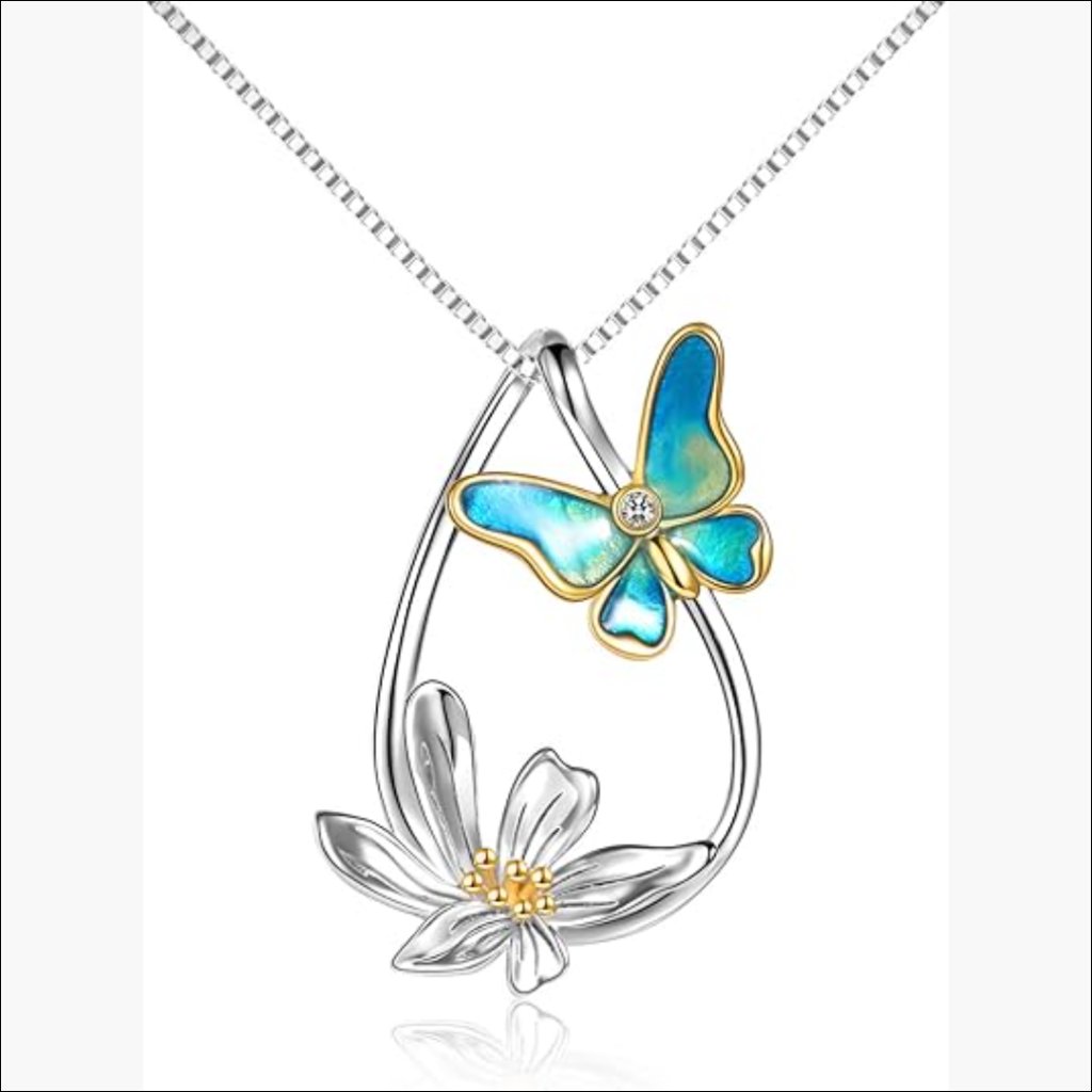 Sterling Silver Teardrop Daisy Butterfly Pendant Necklace
